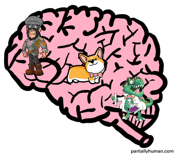 Our brains still have all the same functionality as dinosaurs, dogs, and monkeys.
