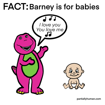 Barney the purple dinosaur singing "I love you, You love me" to a baby in a diaper