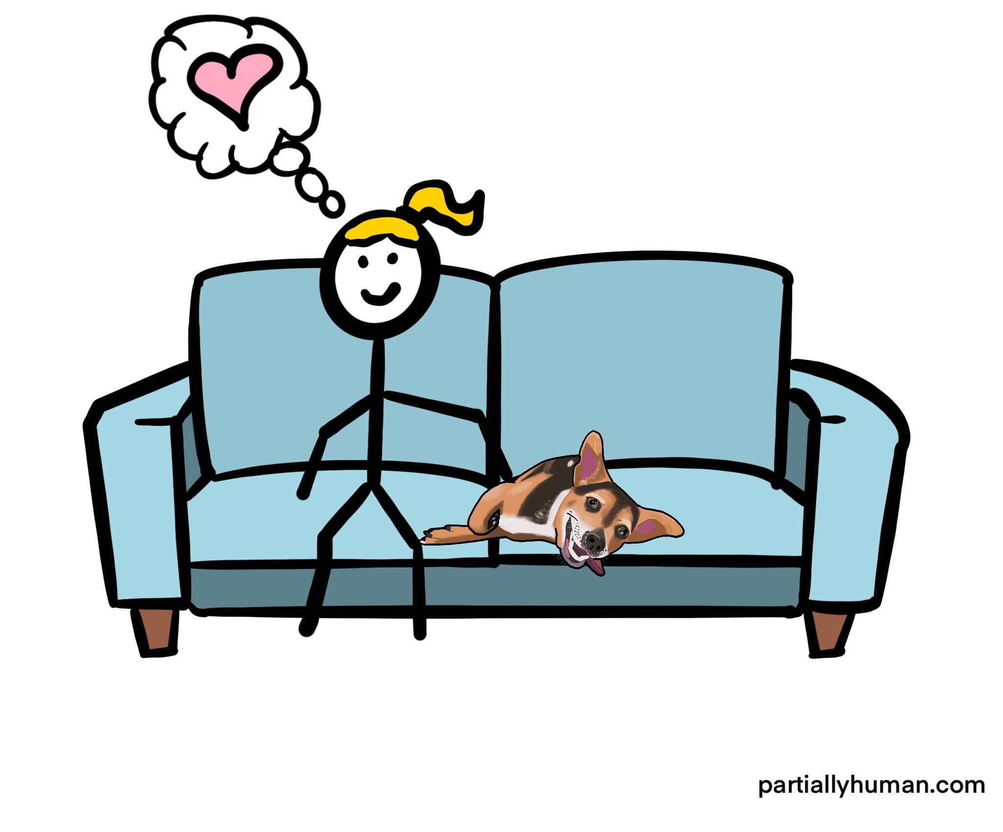Girl and dog sitting on the sofa