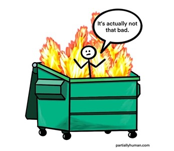person in dumpster fire saying "it's actually not that bad"