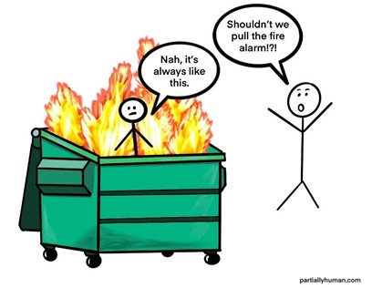 a stick figure says "shouldn't we pull the fire alarm?" and another stick figure in a dumpster fire says "nah, it's always like this"