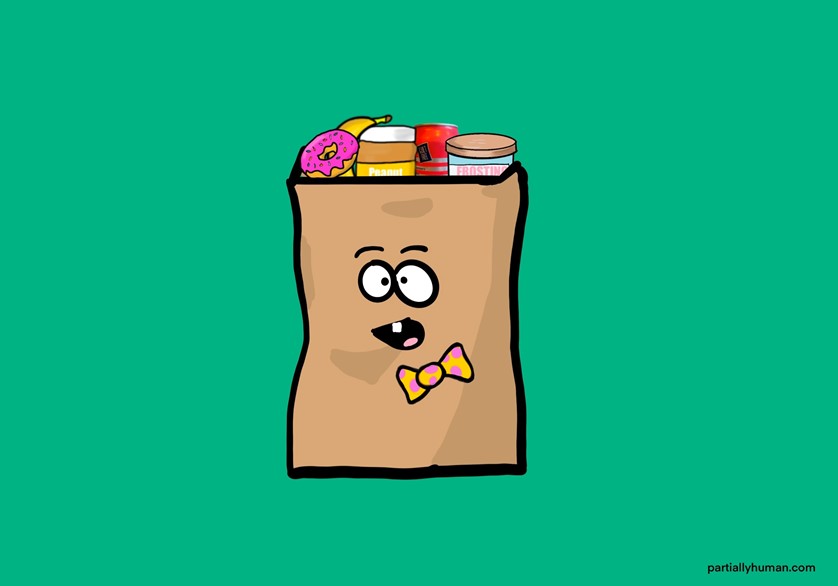 goofy looking grocery bag with a smile and bowtie