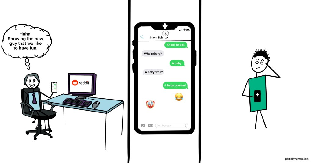 An older boss texts his younger employee a lame joke