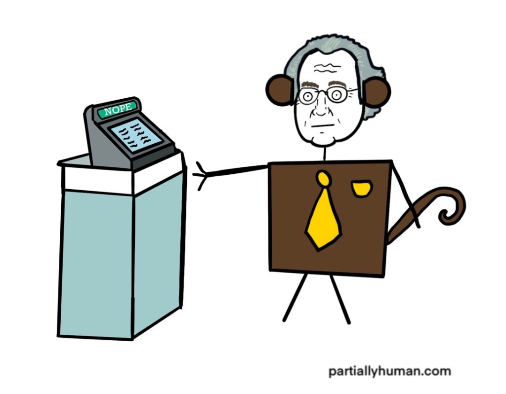 Bernie reaching out to a cash register that says Nope