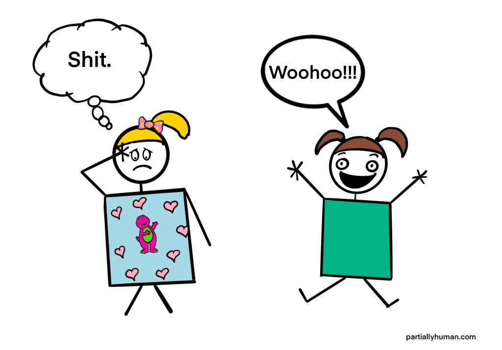 Little girl thinking "oh shit" while other girl exclaims "woohoo!"