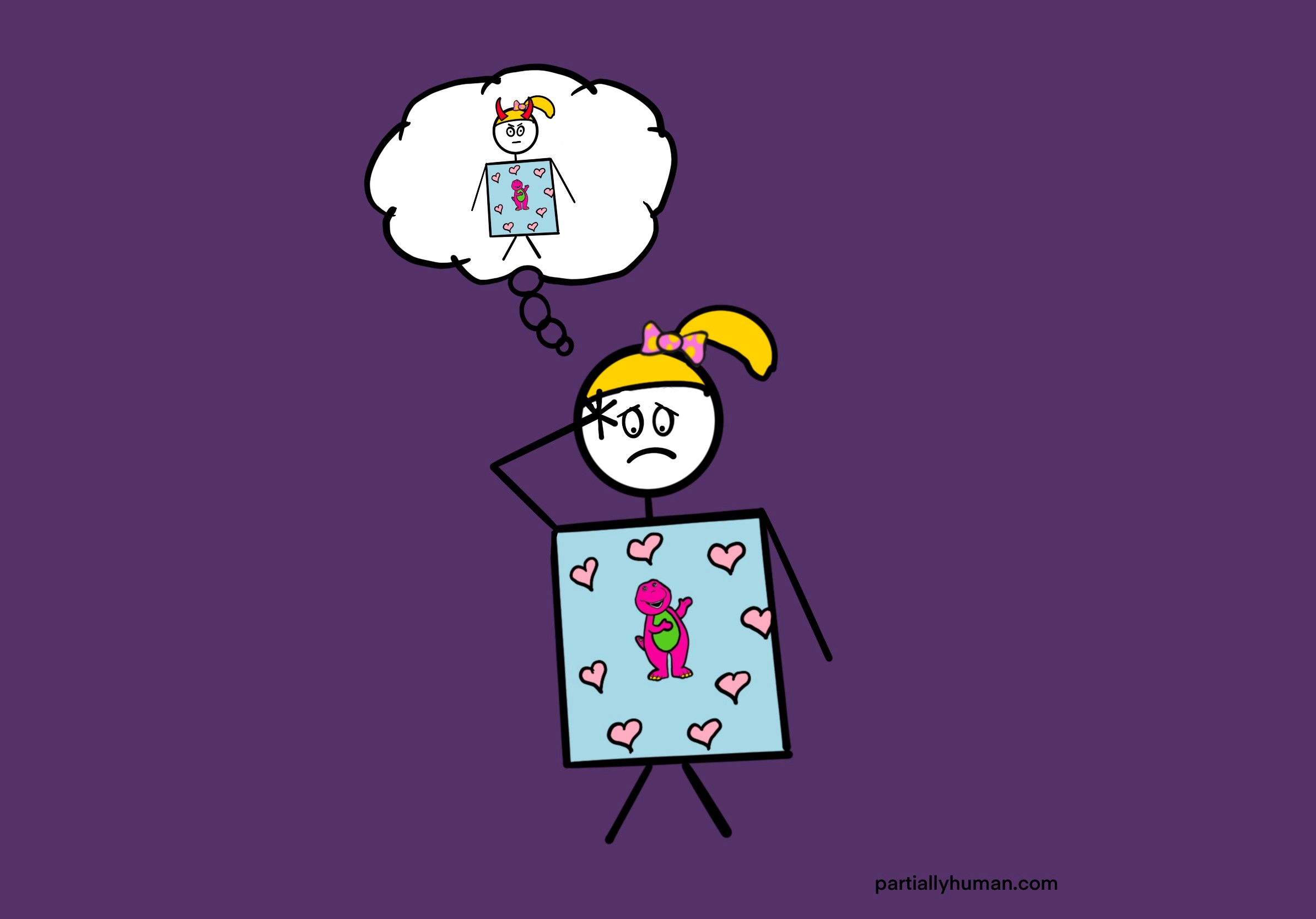 Young stick figure girl looking upset and thinking she is bad