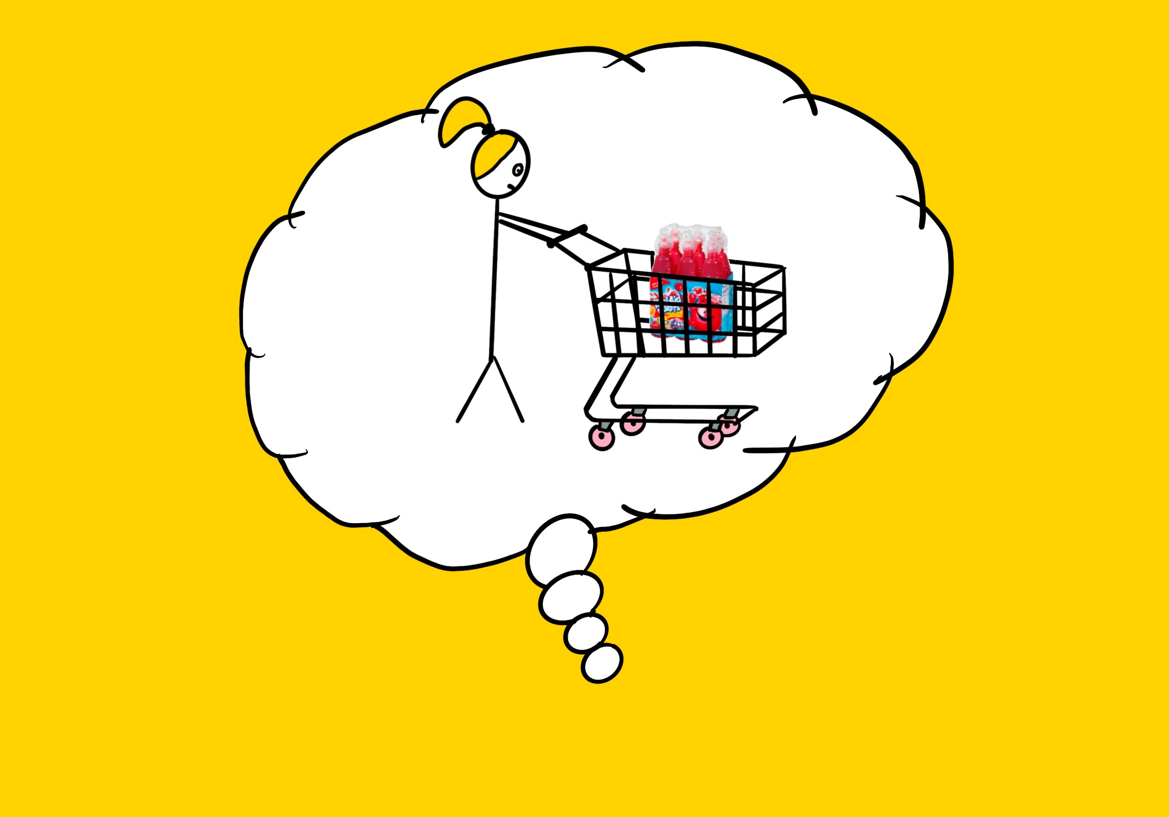inside a thought bubble, a girl pushes a cart full of Kool-Aid