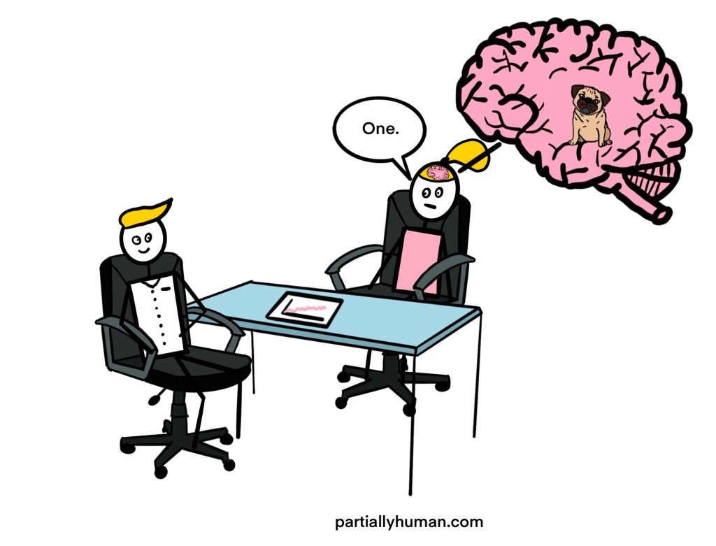 Woman says one, and the pug looks confused