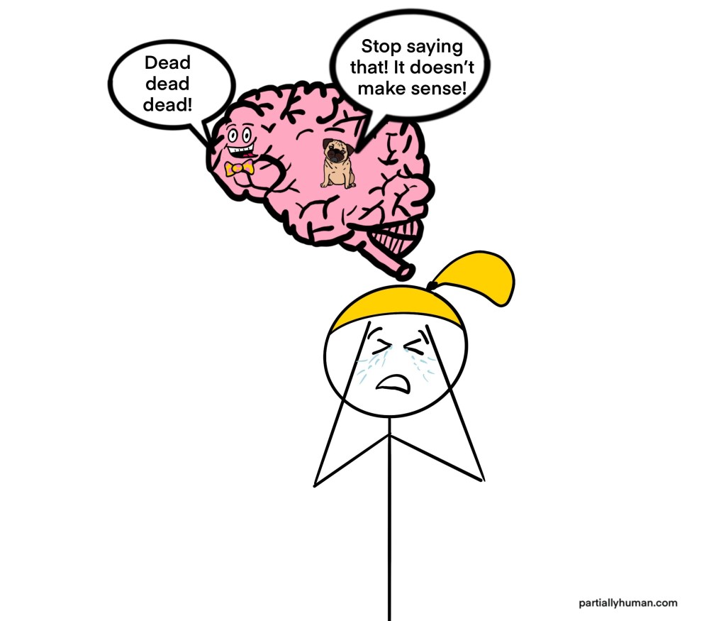 Cortex shouting "dead dead dead" while pug says "Stop saying that! It doesn't make sense!" Meanwhile, the girl whose brain this is is crying