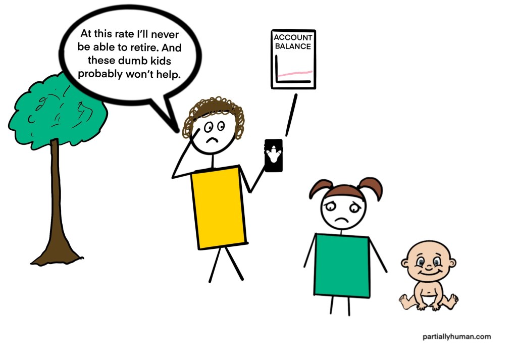 Mom with young kids looking sad at her bank account
