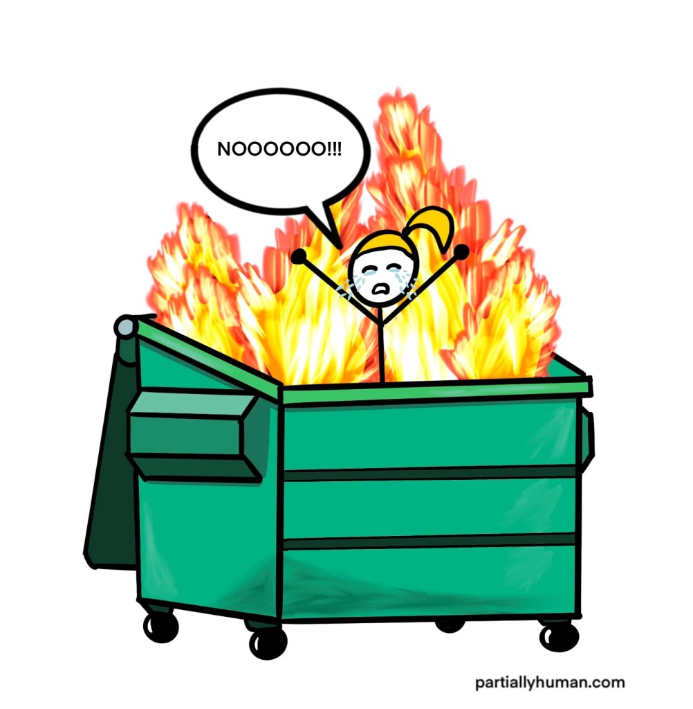 girl in dumpster fire yelling "nooooooo!!!"