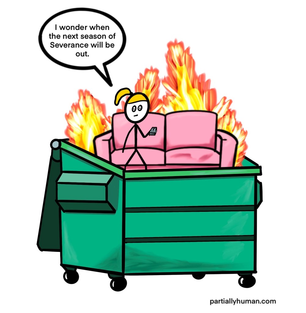 girl sitting on couch in dumpster fire watching tv