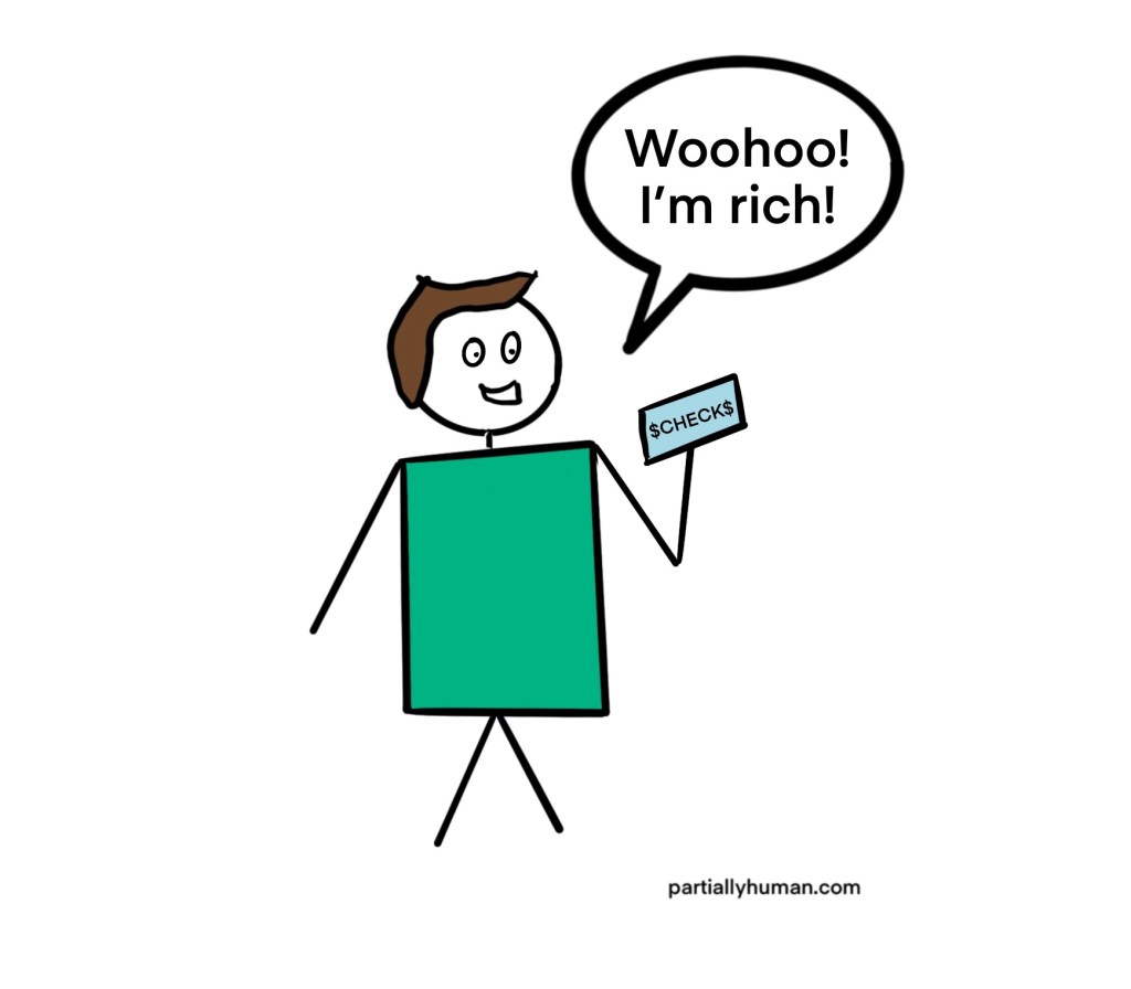 Man holding check saying "Woohoo! I'm rich!"