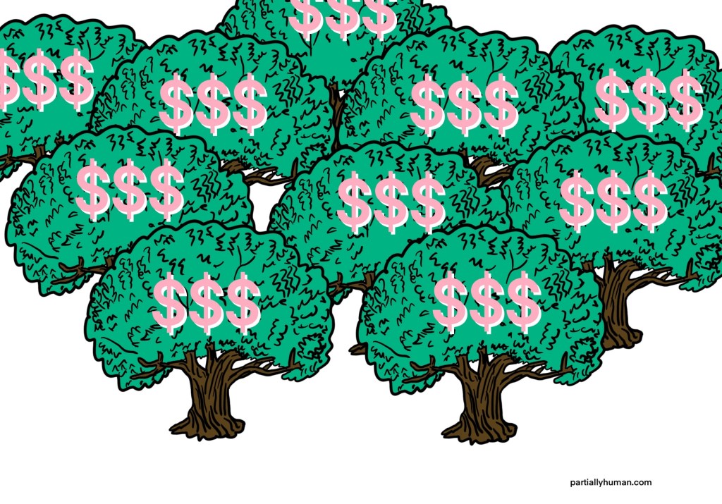 Olive trees with dollar signs on them
