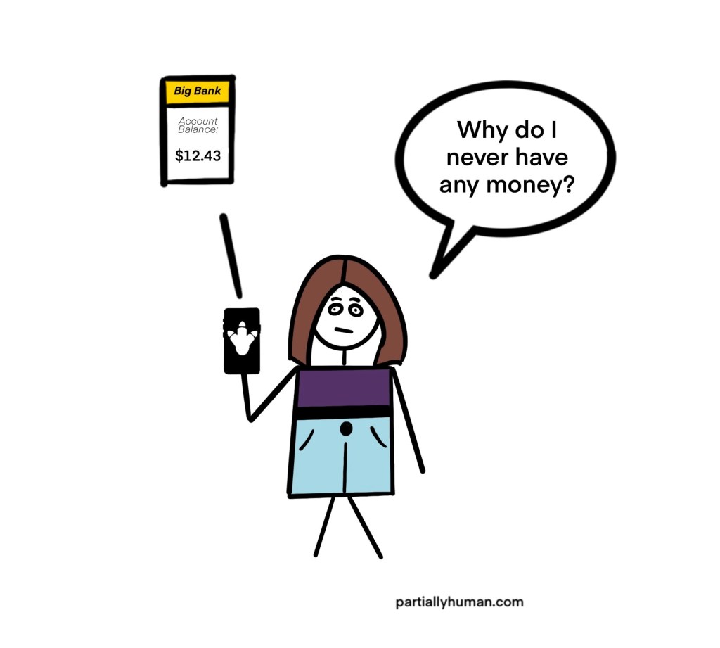 Same woman from above looking at her low bank account balance and saying "why do I never have any money?"