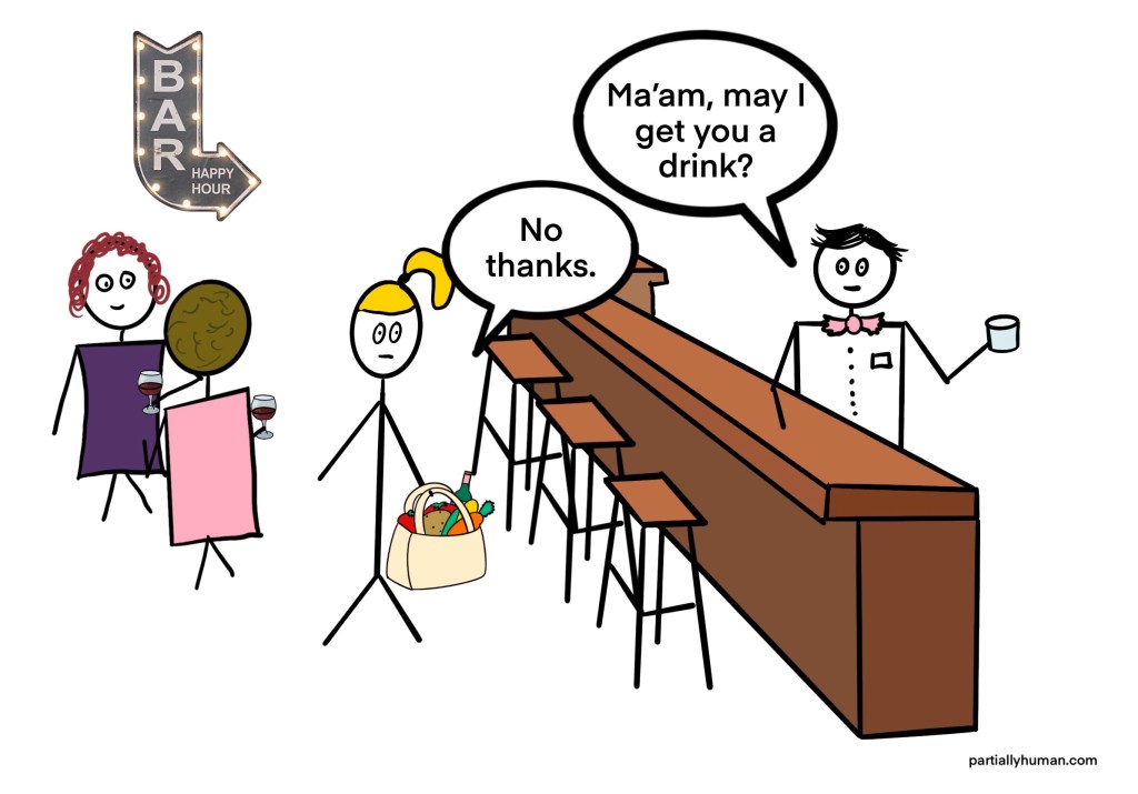 Bar tender offering drink and girl saying "no"