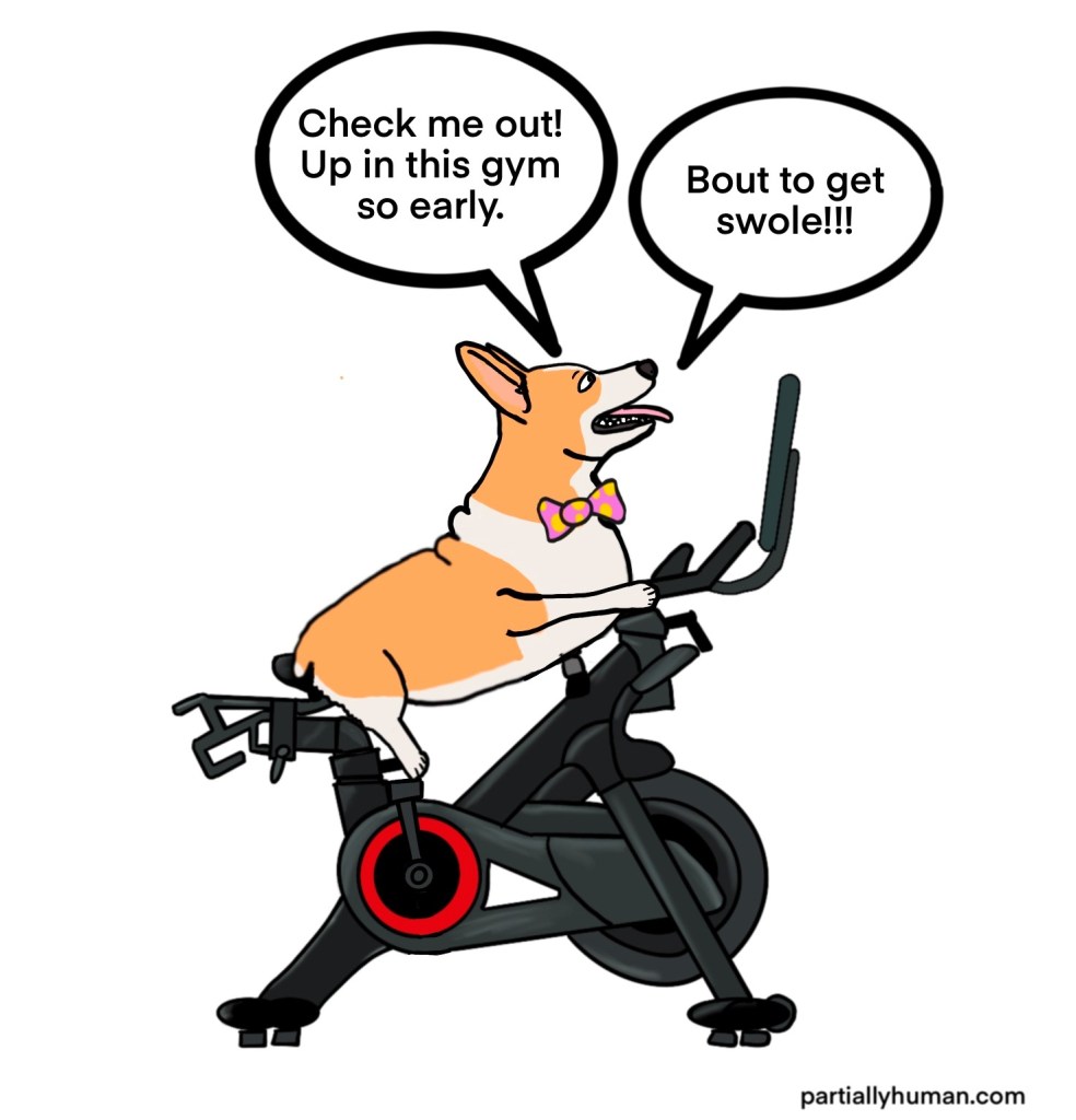 Dog on indoor cycling bike saying "Check me out! Up in this gym so early. Bout to get swole!!"